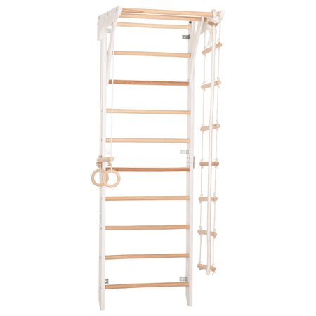Kletterwand für die ganze Familie – Klettergerüst Indoor aus Holz mit Wand-Reck, Stange, Gymnastikringen, Kletterseil, schwedischer Leiter – Kinder 2 weiße Farbe