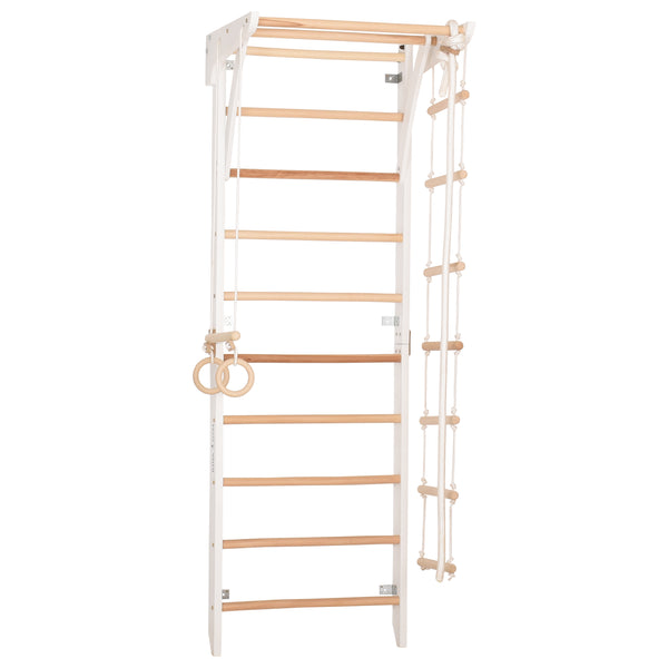 Kletterwand für die ganze Familie – Klettergerüst Indoor aus Holz mit Wand-Reck, Stange, Gymnastikringen, Kletterseil, schwedischer Leiter – Kinder 2 weiße Farbe