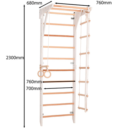 Kletterwand für die ganze Familie – Klettergerüst Indoor aus Holz mit Wand-Reck, Stange, Gymnastikringen, Kletterseil, schwedischer Leiter – Kinder 2 weiße Farbe