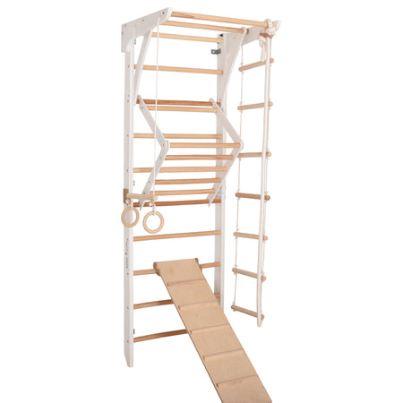 Kletterwand für die ganze Familie – Klettergerüst Indoor aus Holz mit Wand-Reck, Stange, Gymnastikringen, Kletterseil, schwedischer Leiter, höhenverstellbarer Klimmzugstange & beidseitiger Kletterrampe – weiße Farbe