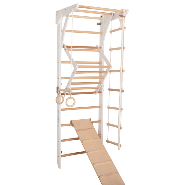 Kletterwand für die ganze Familie – Klettergerüst Indoor aus Holz mit Wand-Reck, Stange, Gymnastikringen, Kletterseil, schwedischer Leiter, höhenverstellbarer Klimmzugstange & beidseitiger Kletterrampe – weiße Farbe