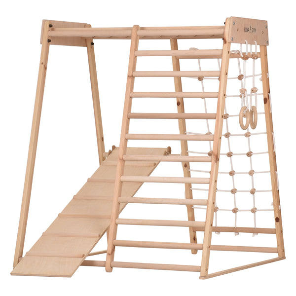 Indoor Klettergerüst für die ganze Familie – Sprossenwand, Hangelleiter, Kletternetz – RINAGYM Heim-Fitnessgerät Classic