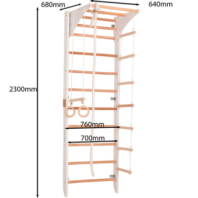 Kletterwand für die ganze Familie mit höhenverstellbarem Reck-Indoor Klettergerüst aus Holz - Wand-Reck, Stange, Gymnastik-Ringe, Kletterseil - Kombi 2 weiße Farbe