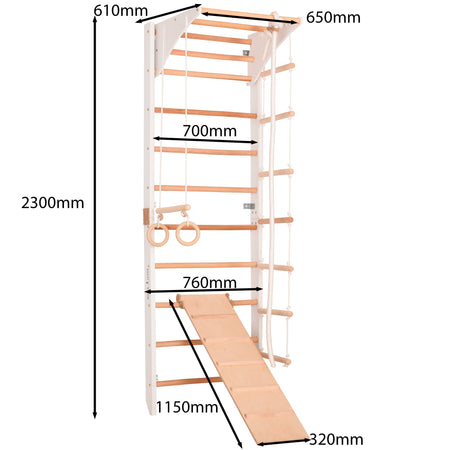 Kletterwand für die ganze Familie mit höhenverstellbarem Reck-Indoor Klettergerüst aus Holz - Wand-Reck, Stange, Gymnastik-Ringe, Kletterseil, beidseitiger Kletterrampe - Kombi 3 weiße Farbe