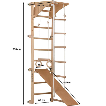 Sprossenwand für Heimtraining mit höhenverstellbarem Reck & beidseitigem Kletterbrett – Indoor Fitnessgerät für die ganze Familie (Eco-pine+slide)