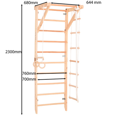 Kletterwand für die ganze Familie – Klettergerüst Indoor aus Holz mit Wand-Reck, Stange, Gymnastikringen, Kletterseil, schwedischer Leiter – Sport 2 mit sicherem Lack
