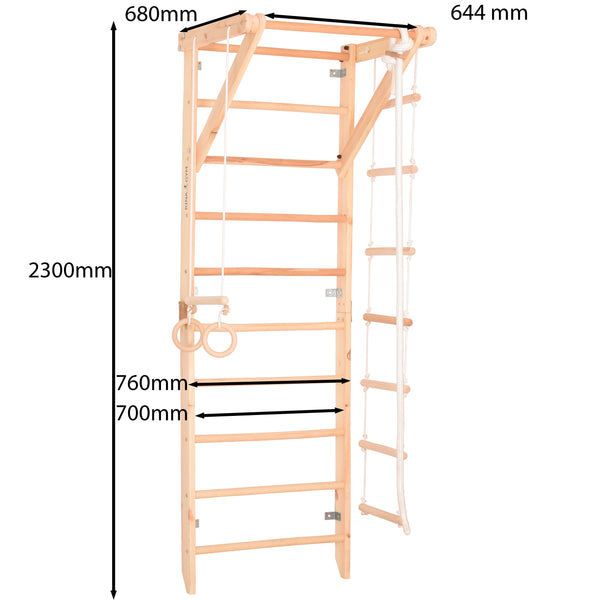 Kletterwand für die ganze Familie – Klettergerüst Indoor aus Holz mit Wand-Reck, Stange, Gymnastikringen, Kletterseil, schwedischer Leiter – Sport 2 mit sicherem Lack