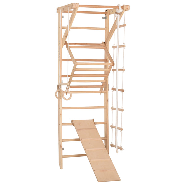 Kletterwand für die ganze Familie – Klettergerüst Indoor aus Holz mit Wand-Reck, Stange, Gymnastikringen, Kletterseil, schwedischer Leiter, höhenverstellbarer Klimmzugstange & beidseitiger Kletterrampe – Sport 3 mit sicherem Lack