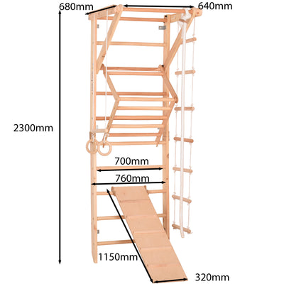 Kletterwand für die ganze Familie – Klettergerüst Indoor aus Holz mit Wand-Reck, Stange, Gymnastikringen, Kletterseil, schwedischer Leiter, höhenverstellbarer Klimmzugstange & beidseitiger Kletterrampe – Sport 3 mit sicherem Lack
