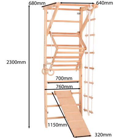 Kletterwand für die ganze Familie – Klettergerüst Indoor aus Holz mit Wand-Reck, Stange, Gymnastikringen, Kletterseil, schwedischer Leiter, höhenverstellbarer Klimmzugstange & beidseitiger Kletterrampe – Sport 3 mit sicherem Lack
