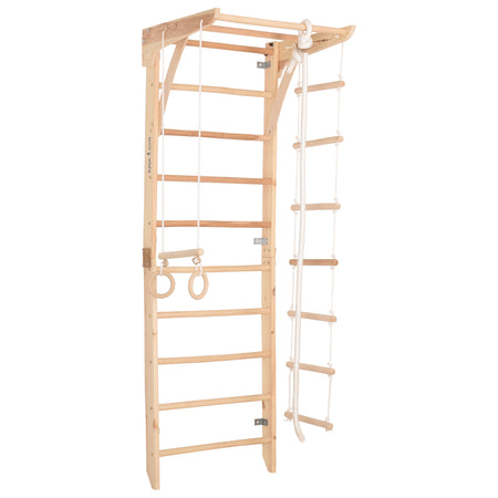 Kletterwand für die ganze Familie – Klettergerüst Indoor aus Holz mit Wand-Reck, Stange, Gymnastikringen, Kletterseil, schwedischer Leiter – sicherem Lack