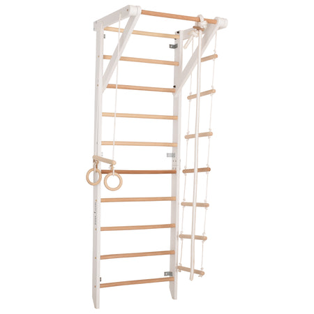 Kletterwand für die ganze Familie – Klettergerüst Indoor aus Holz mit Wand-Reck, Stange, Gymnastikringen, Kletterseil, schwedischer Leiter – Sport 2 weiße Farbe
