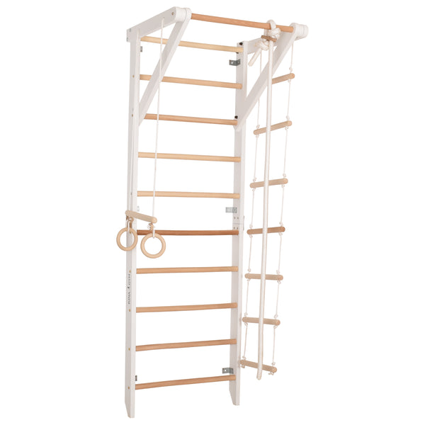 Kletterwand für die ganze Familie – Klettergerüst Indoor aus Holz mit Wand-Reck, Stange, Gymnastikringen, Kletterseil, schwedischer Leiter – Sport 2 weiße Farbe