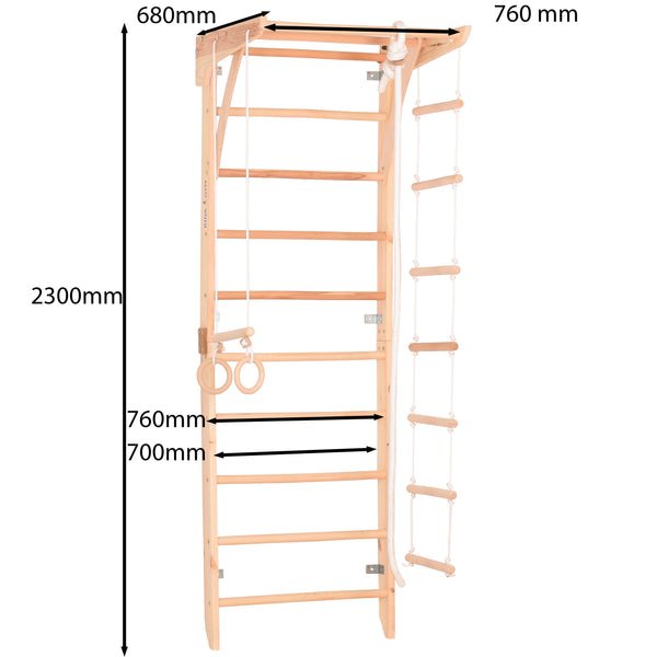 Kletterwand für die ganze Familie – Klettergerüst Indoor aus Holz mit Wand-Reck, Stange, Gymnastikringen, Kletterseil, schwedischer Leiter – sicherem Lack