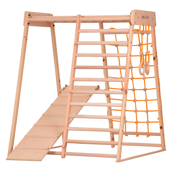 Indoor Klettergerüst für die ganze Familie – Sprossenwand, Hangelleiter, Kletternetz – RINAGYM Heim-Fitnessgerät Classic