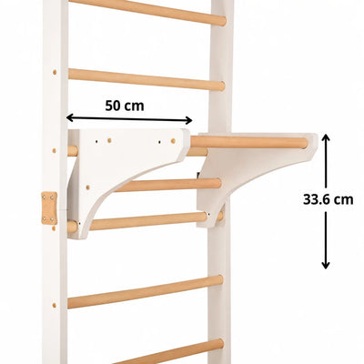 Abnehmbare Klimmzugstange für Sprossenwand – Reck aus Yarnwood & Buchenholz Ø34 mm, weiß, Montage ohne Bohren