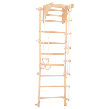 Multifunktionale Sprossenwand für die ganze Familie – Heim-Fitnessgerät mit Klimmzugstange, Gymnastikringen, Seilleiter & Kletterseil – (Eco-Pine)