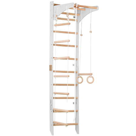 Sprossenwand mit höhenverstellbarem Reck, Kletterseil, Ringen & Seilleiter – Kompaktes Indoor-Fitnessgerät für die ganze Familie (SPR C white)