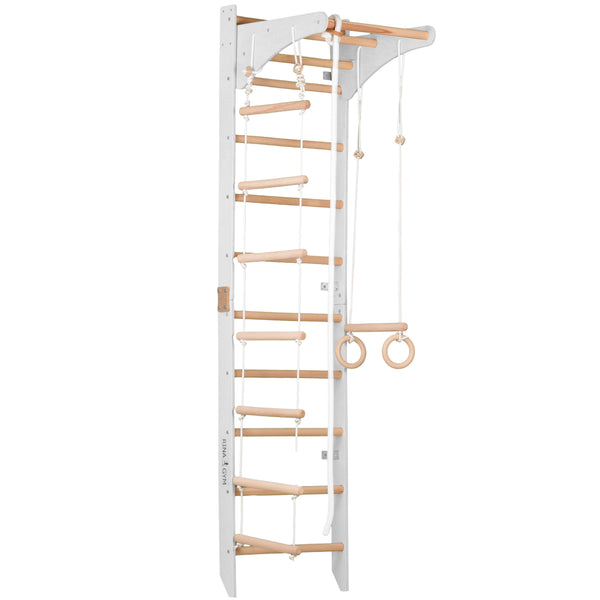 Sprossenwand mit höhenverstellbarem Reck, Kletterseil, Ringen & Seilleiter – Kompaktes Indoor-Fitnessgerät für die ganze Familie (SPR C white)
