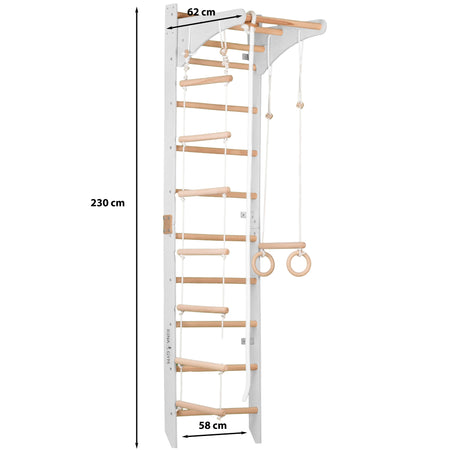 Sprossenwand mit höhenverstellbarem Reck, Kletterseil, Ringen & Seilleiter – Kompaktes Indoor-Fitnessgerät für die ganze Familie (SPR C white)