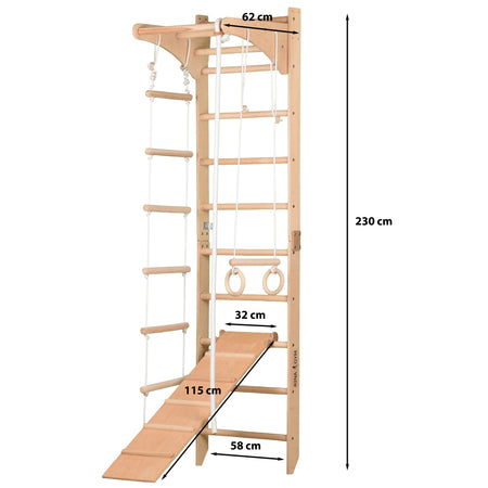 Sprossenwand für Heimtraining mit höhenverstellbarem Reck und zweiseitiger Kletterrampe – Indoor Fitnessgerät für die ganze Familie (SPR C+slide)