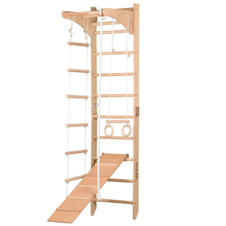 Sprossenwand für Heimtraining mit höhenverstellbarem Reck und zweiseitiger Kletterrampe – Indoor Fitnessgerät für die ganze Familie (SPR C+slide)