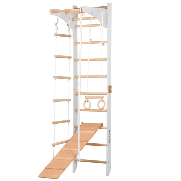 Sprossenwand mit höhenverstellbarem Reck, Kletterseil, Ringen und beidseitigem Kletterbrett – Kompakter Indoor-Fitnesspark für die ganze Familie (SPR C+slide white)