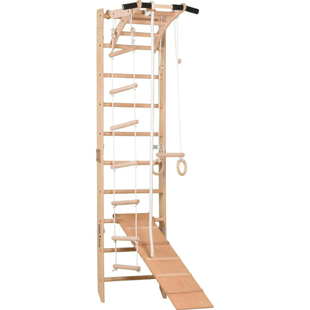 Sprossenwand für Heimtraining mit zweiseitiger Kletterrampe und höhenverstellbarem Reck – Indoor Fitnessgerät für die ganze Familie (SPR A+slide)