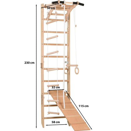 Sprossenwand für Heimtraining mit zweiseitiger Kletterrampe und höhenverstellbarem Reck – Indoor Fitnessgerät für die ganze Familie (SPR A+slide)