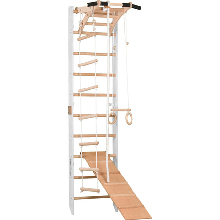 Sprossenwand für Heimtraining mit zweiseitiger Kletterrampe und höhenverstellbarem Reck – Indoor Fitnessgerät für die ganze Familie (SPR A+slide white)