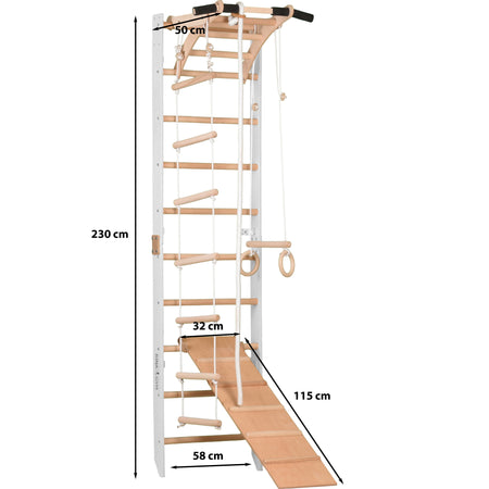 Sprossenwand für Heimtraining mit zweiseitiger Kletterrampe und höhenverstellbarem Reck – Indoor Fitnessgerät für die ganze Familie (SPR A+slide white)