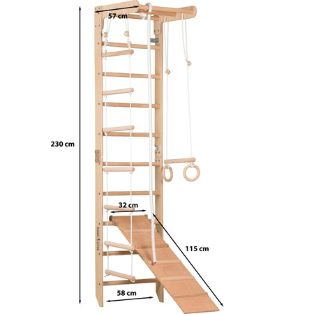 Sprossenwand für Heimtraining mit fixiertem Reck & Kletterbrett – Fitnessgerät für die ganze Familie – Kompakt & vielseitig (SPR B+slide)