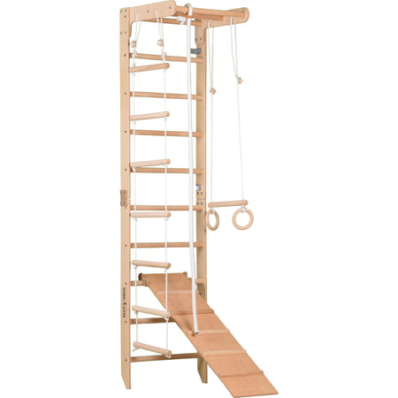 Sprossenwand für Heimtraining mit fixiertem Reck & Kletterbrett – Fitnessgerät für die ganze Familie – Kompakt & vielseitig (SPR B+slide)