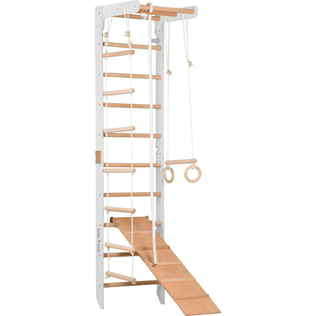 Sprossenwand für Heimtraining mit fixiertem Reck & Kletterbrett – Fitnessgerät für die ganze Familie – Kompakt & vielseitig (SPR B+slide white)