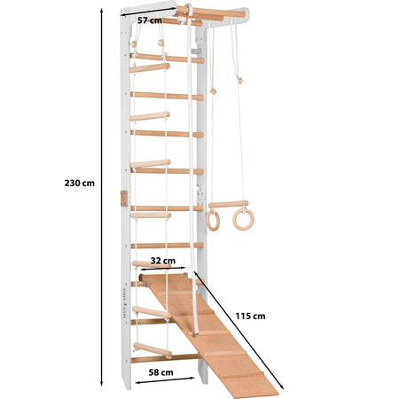 Sprossenwand für Heimtraining mit fixiertem Reck & Kletterbrett – Fitnessgerät für die ganze Familie – Kompakt & vielseitig (SPR B+slide white)