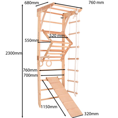 Kletterwand für die ganze Familie – Klettergerüst Indoor aus Holz mit Wand-Reck, Stange, Gymnastikringen, Kletterseil, schwedischer Leiter, höhenverstellbarer Klimmzugstange & beidseitiger Kletterrampe – 3 mit sicherem Lack