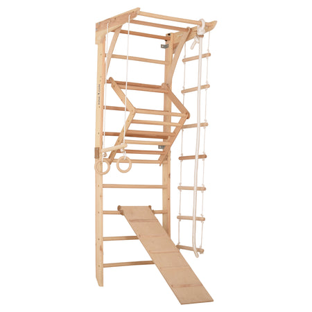 Kletterwand für die ganze Familie – Klettergerüst Indoor aus Holz mit Wand-Reck, Stange, Gymnastikringen, Kletterseil, schwedischer Leiter, höhenverstellbarer Klimmzugstange & beidseitiger Kletterrampe – 3 mit sicherem Lack