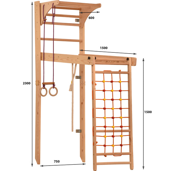 RINAGYM Kletterwand Indoor – Sprossenwand aus Holz mit Kletterseil – für gemeinsames Heimtraining von die ganze Familie