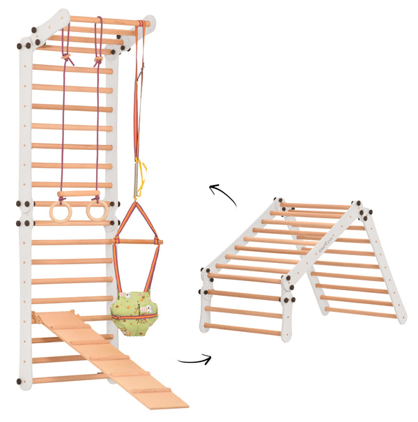 Sprossenwand für Heimtraining mit Kletternetz, Turnringen & Seil – Indoor-Fitnessgerät für Kinder & Erwachsene, wand- & bodenmontierbar 3P9P9P+SLIDE-WHITE