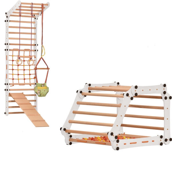 Sprossenwand für Heimtraining mit Kletternetz, Turnringen & Seil – Indoor-Fitnessgerät für Kinder & Erwachsene, wand- & bodenmontierbar 5P5P7S5P+SLIDE-WHITE