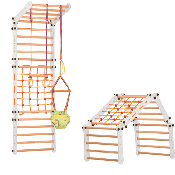 Modulares Klettergerüst für Heimtraining – Indoor Sprossenwand mit Netz, Hangelleiter & Turnringen – freistehend oder wandmontierbar – bis 75 kg 5P5P7S5P 5P5P7S5P+WHITE