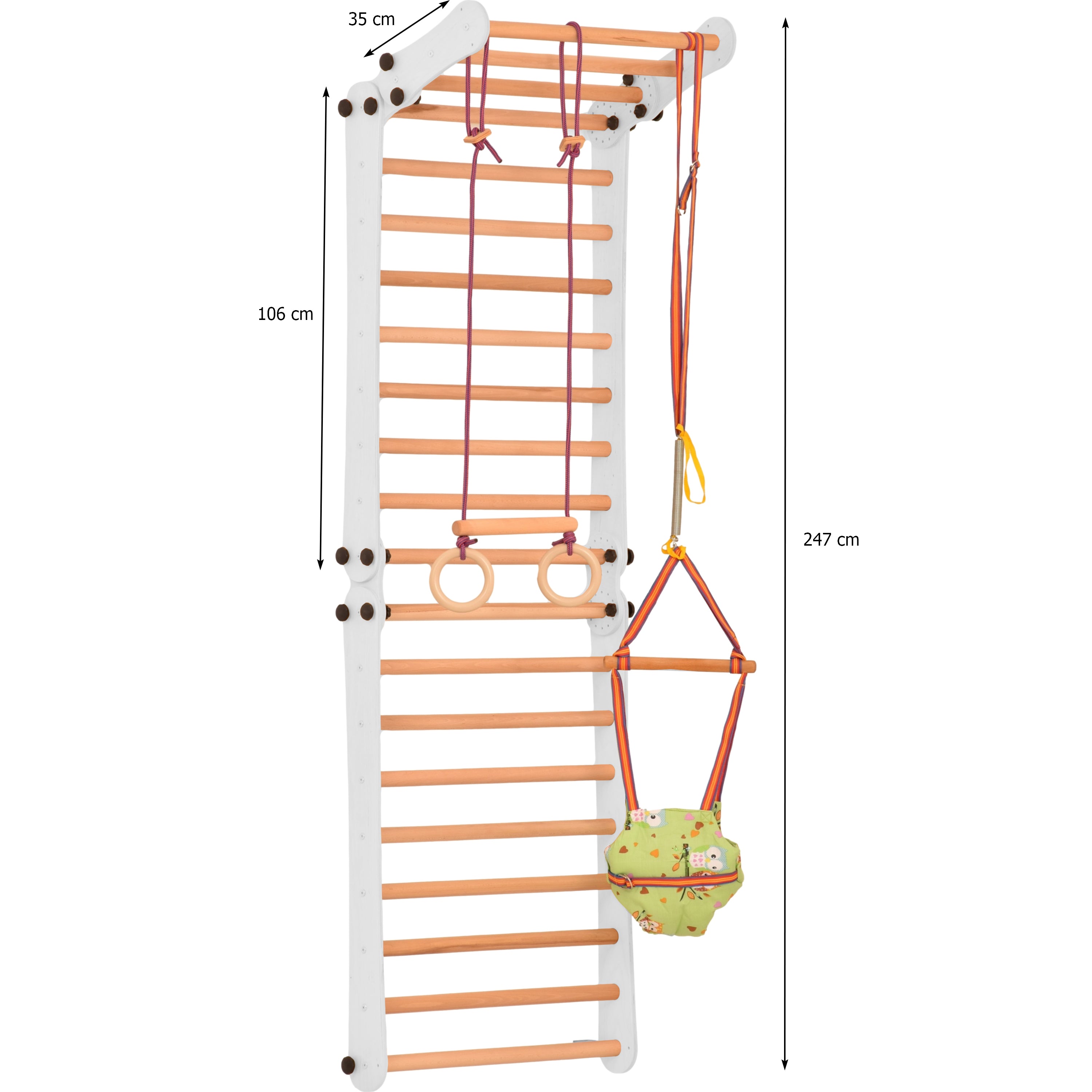 Aire de jeux 2 en 1 – Escalade enfant suédois en bois. Triangle enfant en quatre parties - saut, filet, anneaux de gymnastique, échelle suédoise. Gym enfant, jeux enfant exterieur 3 ans. 3P9P9P-WHITE