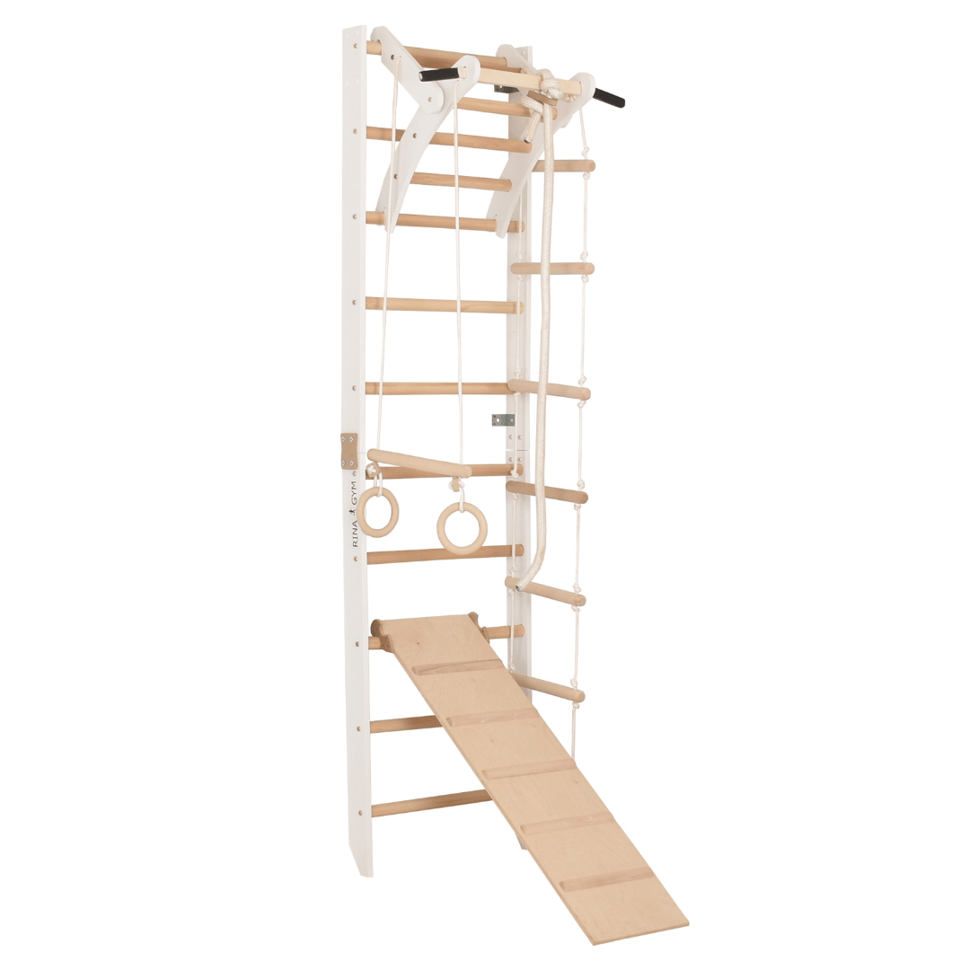 Sprossenwand für Heimtraining mit zweiseitiger Kletterrampe und höhenverstellbarem Reck – Indoor Fitnessgerät für die ganze Familie (SPR A+slide white)