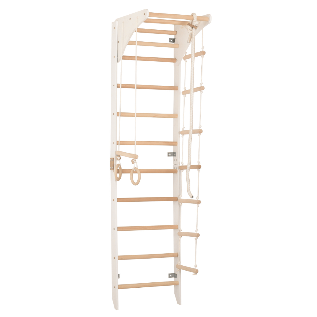 Sprossenwand mit höhenverstellbarem Reck, Kletterseil, Ringen & Seilleiter – Kompaktes Indoor-Fitnessgerät für die ganze Familie (SPR C white)