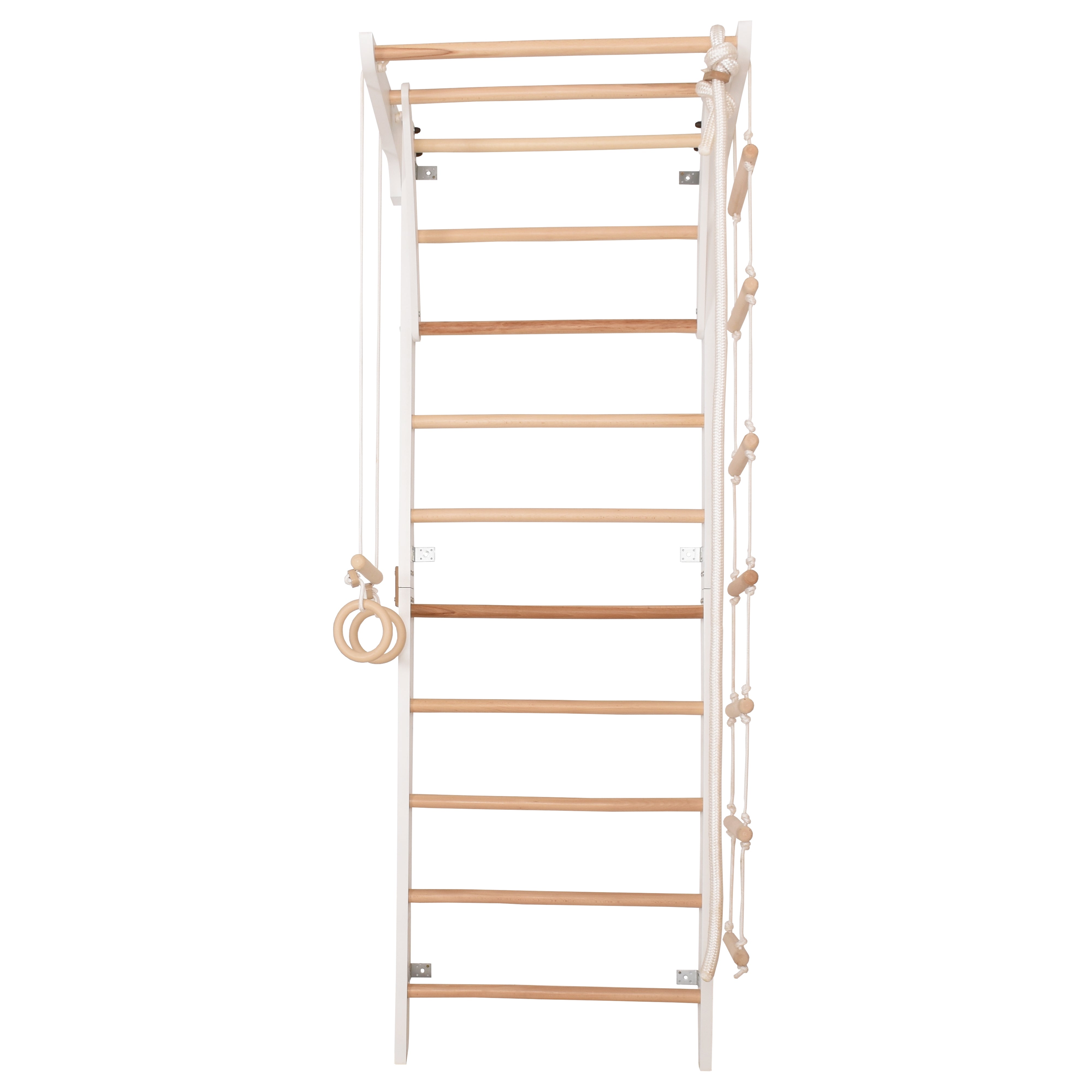 RINAGYM Parco Giochi per Bambini - Set Palestra da Interno ed Esterno per Gioco, Ginnastica ed Esercizi - Asta, Anelli, Corda per Arrampicata, Monkey Bar, Trave, Spalliera, Altalena - 2+ Anni (Kinder 2 white)