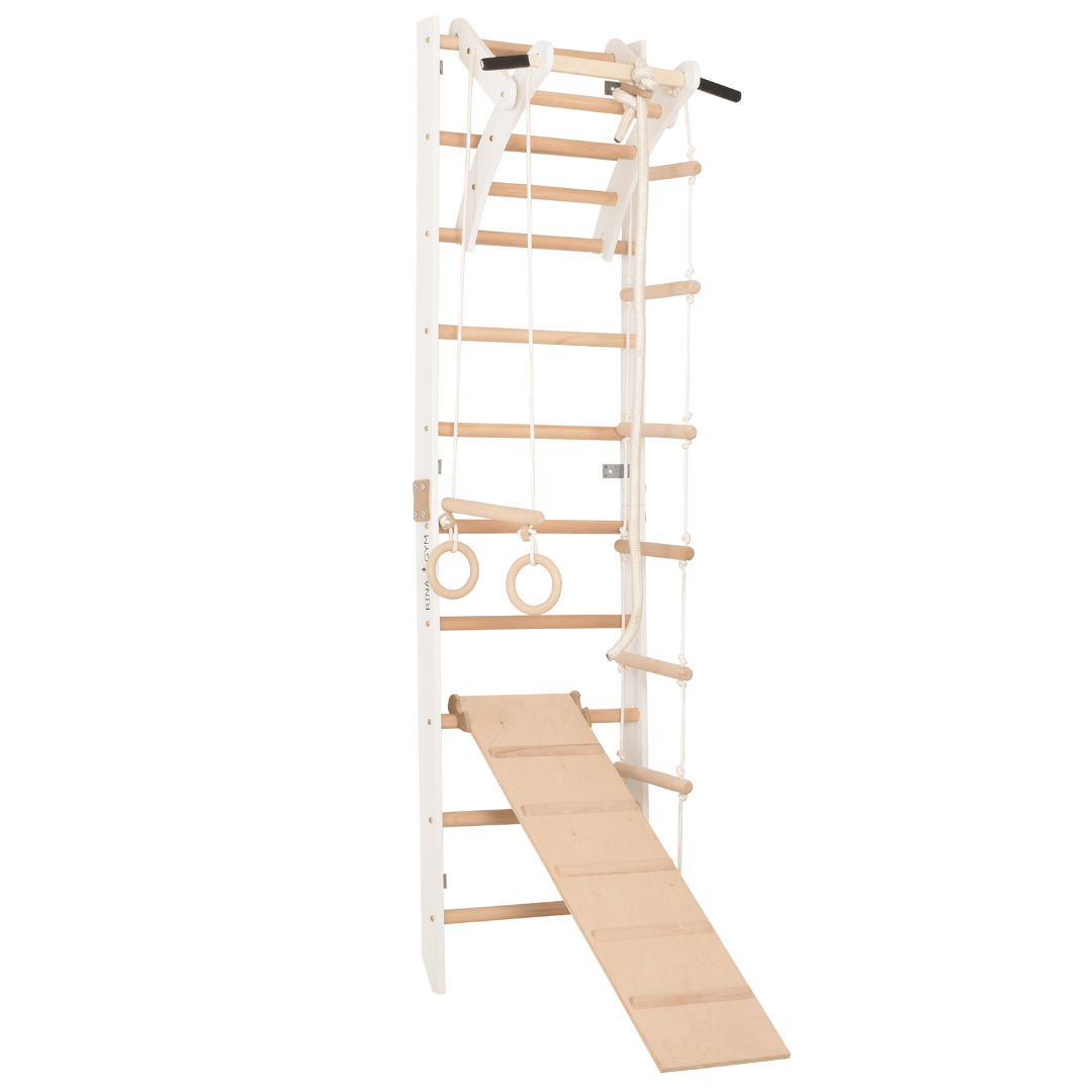 Sprossenwand für Heimtraining mit zweiseitiger Kletterrampe und höhenverstellbarem Reck – Indoor Fitnessgerät für die ganze Familie (SPR A+slide white)