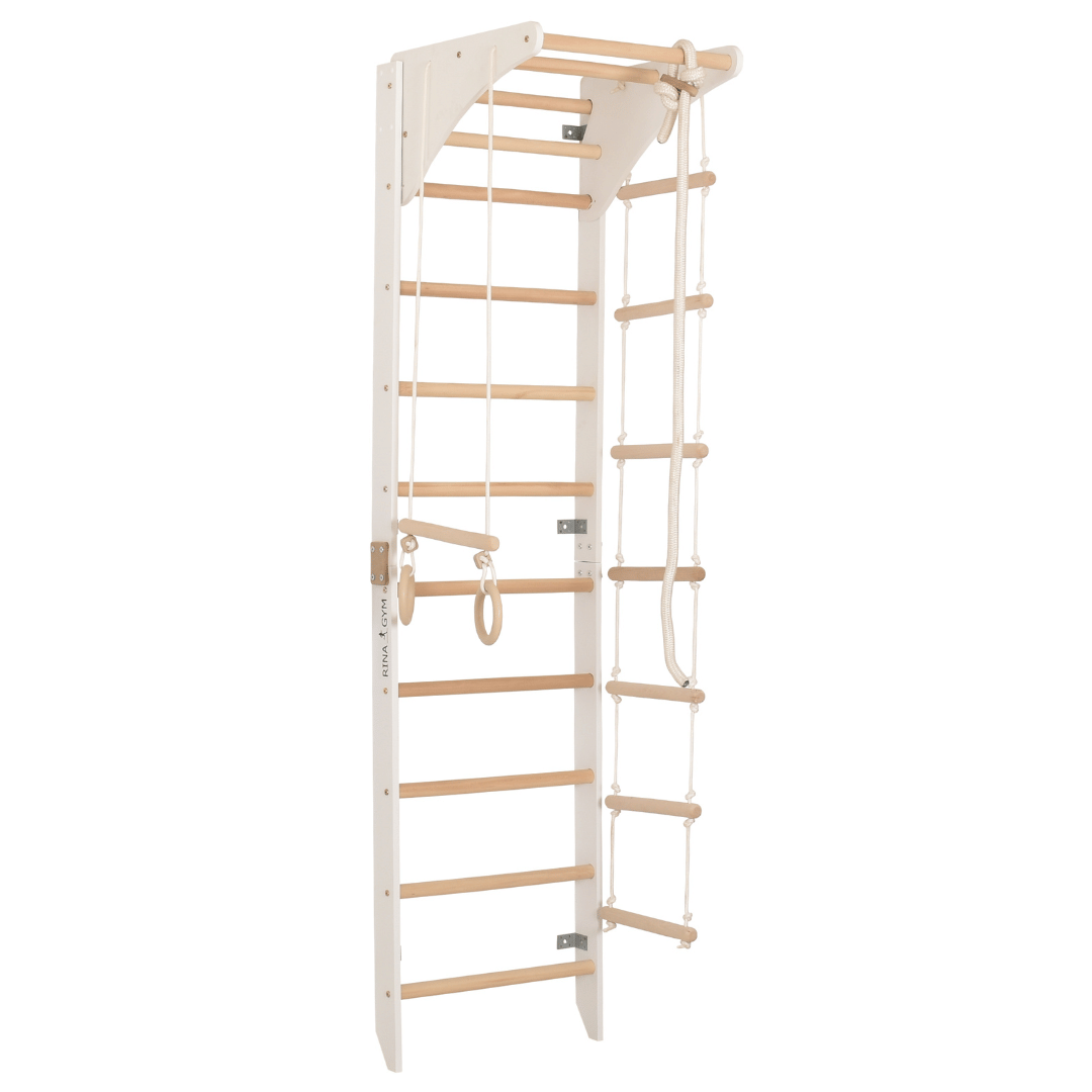Sprossenwand mit höhenverstellbarem Reck, Kletterseil, Ringen & Seilleiter – Kompaktes Indoor-Fitnessgerät für die ganze Familie (SPR C white)