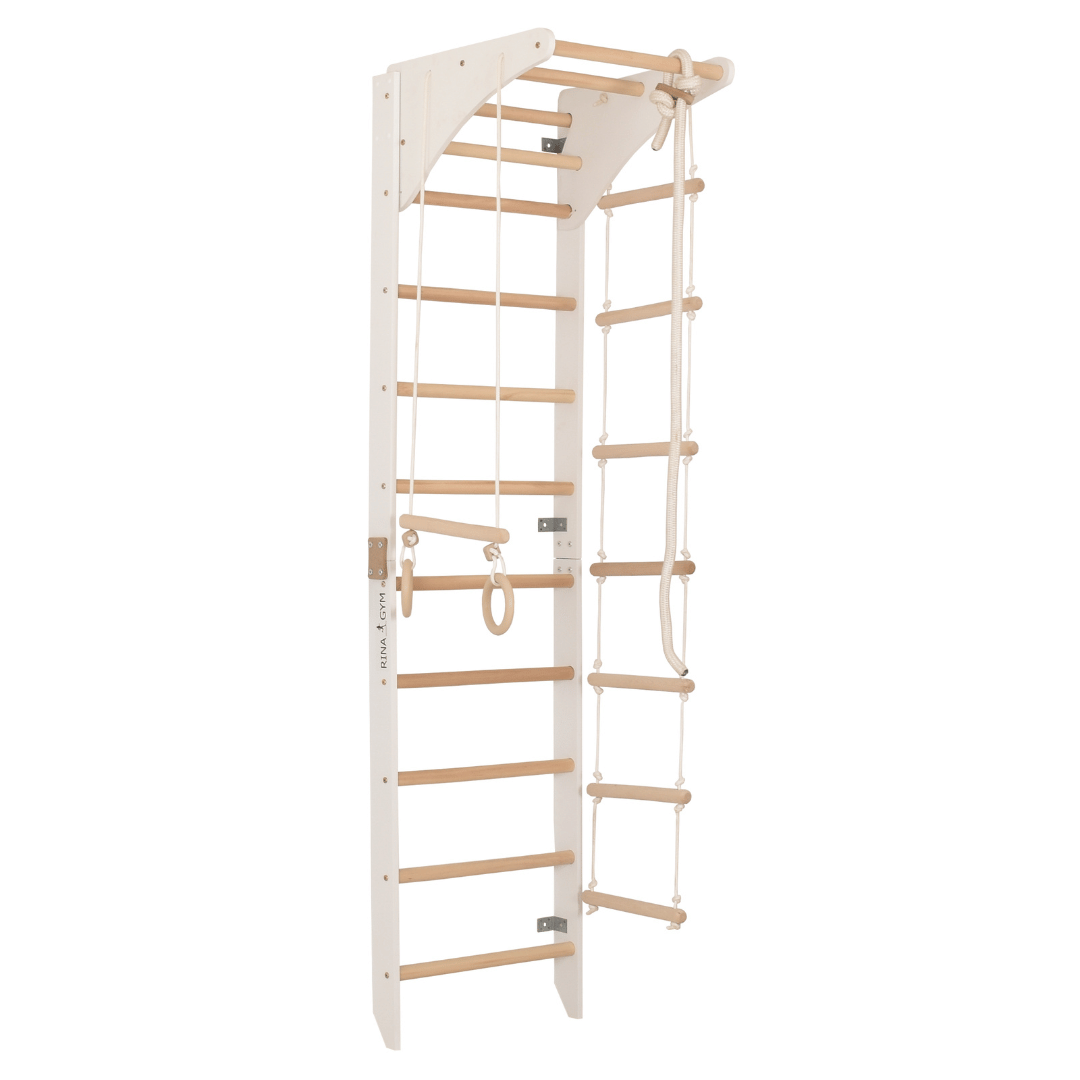 Sprossenwand mit höhenverstellbarem Reck, Kletterseil, Ringen & Seilleiter – Kompaktes Indoor-Fitnessgerät für die ganze Familie (SPR C white)
