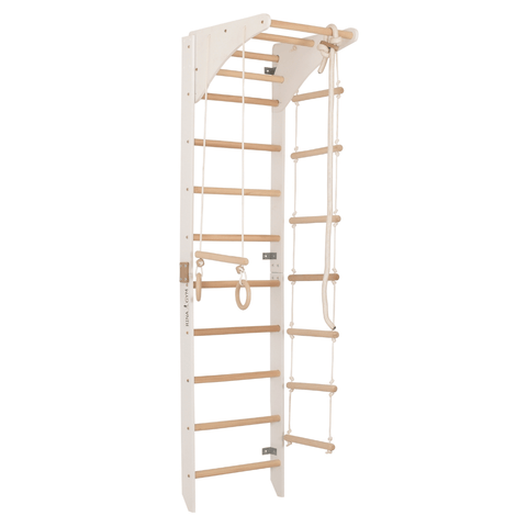 Sprossenwand mit höhenverstellbarem Reck, Kletterseil, Ringen & Seilleiter – Kompaktes Indoor-Fitnessgerät für die ganze Familie (SPR C white)