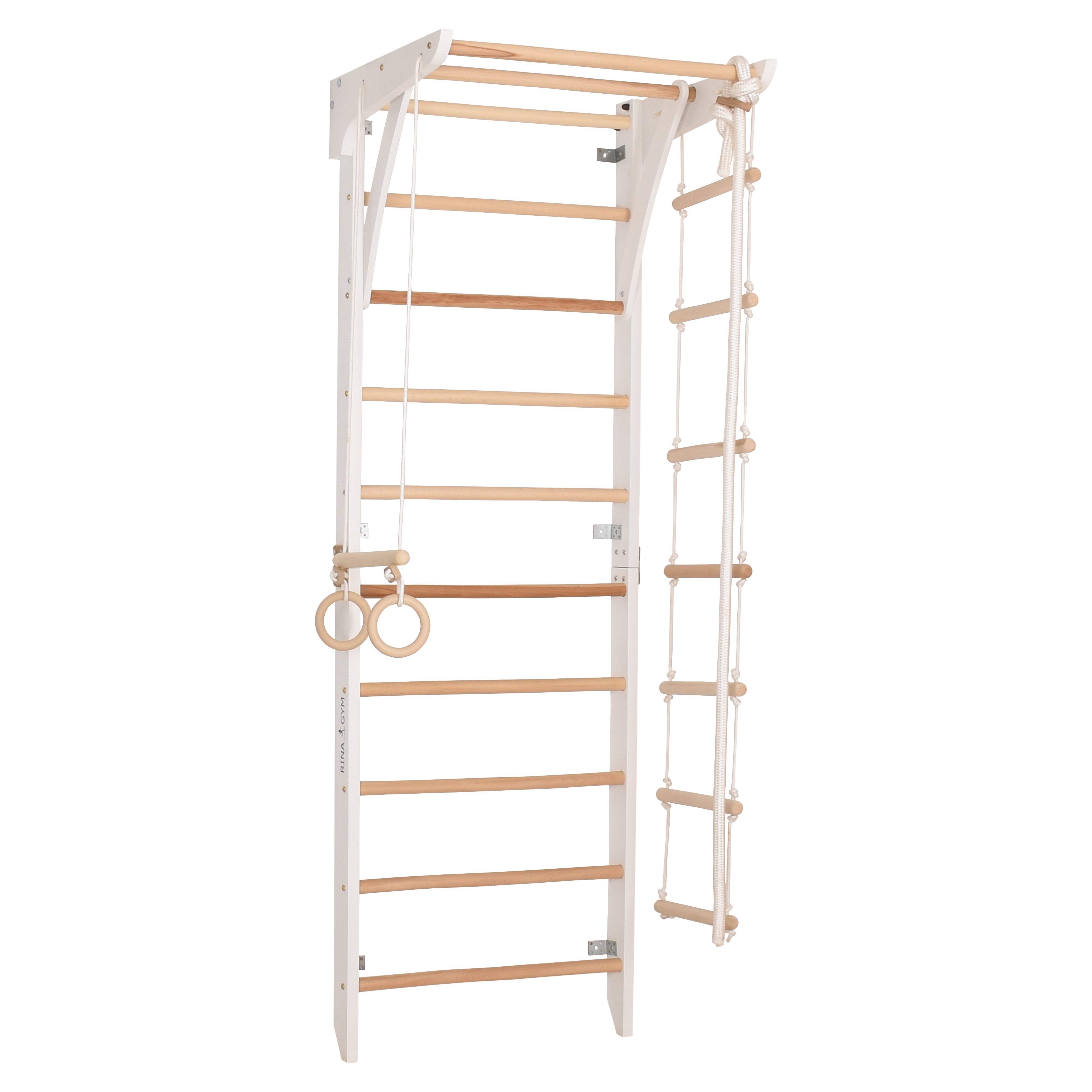 RINAGYM Parco Giochi per Bambini - Set Palestra da Interno ed Esterno per Gioco, Ginnastica ed Esercizi - Asta, Anelli, Corda per Arrampicata, Monkey Bar, Trave, Spalliera, Altalena - 2+ Anni (Kinder 2 white)